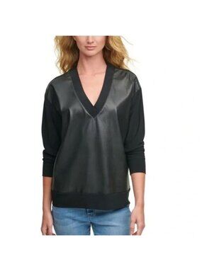 DKNY Vintage Sweater Black Faux Leather V Neck Goth Casual Size Medium
